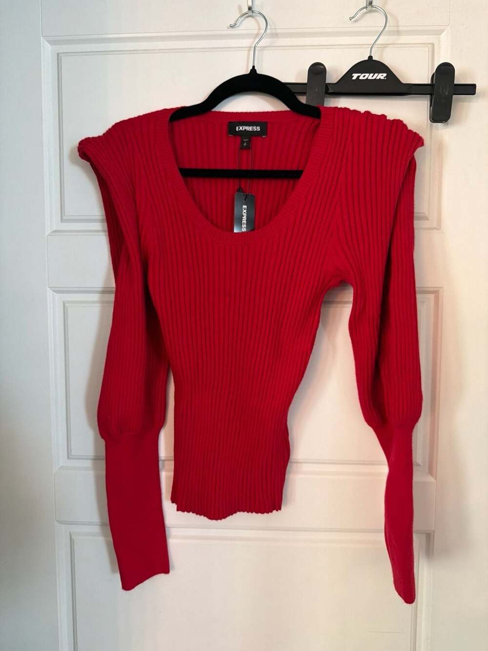 Express Red Ribbed Square Neck Puff Shoulder Long Sleeve Sweater